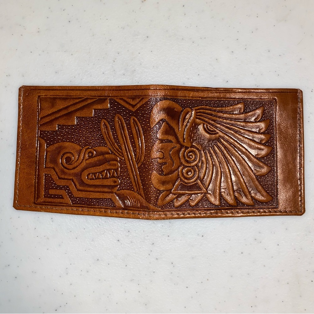 Brown Leather Bi-Fold Wallet with Traditional Eagle Design